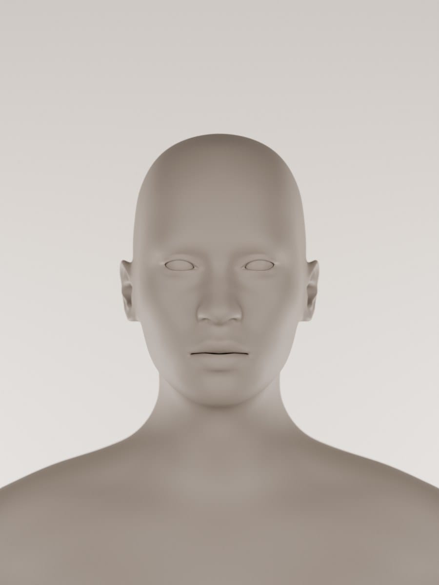 Render of a grey clay head. Two matched flash softboxes either side of the lens and two more on a pale backdrop, flat and even, the head square-on.