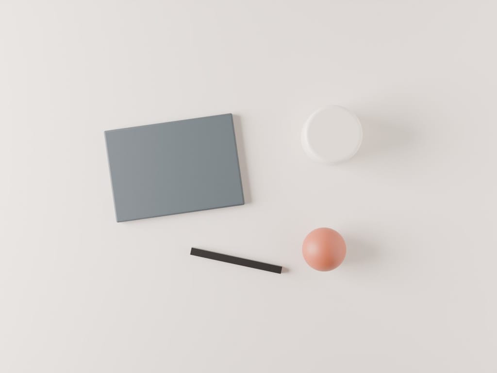Render of three objects on a table. Seen straight down, a large window to one side softened by a sheer, a white foam board opposite filling the shadows.