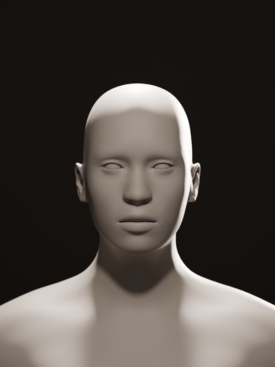 Render of a grey clay head. A hard spot high above the lens (butterfly), a weak fill from low in front, a hair light on a boom and a rim light from behind, against black.